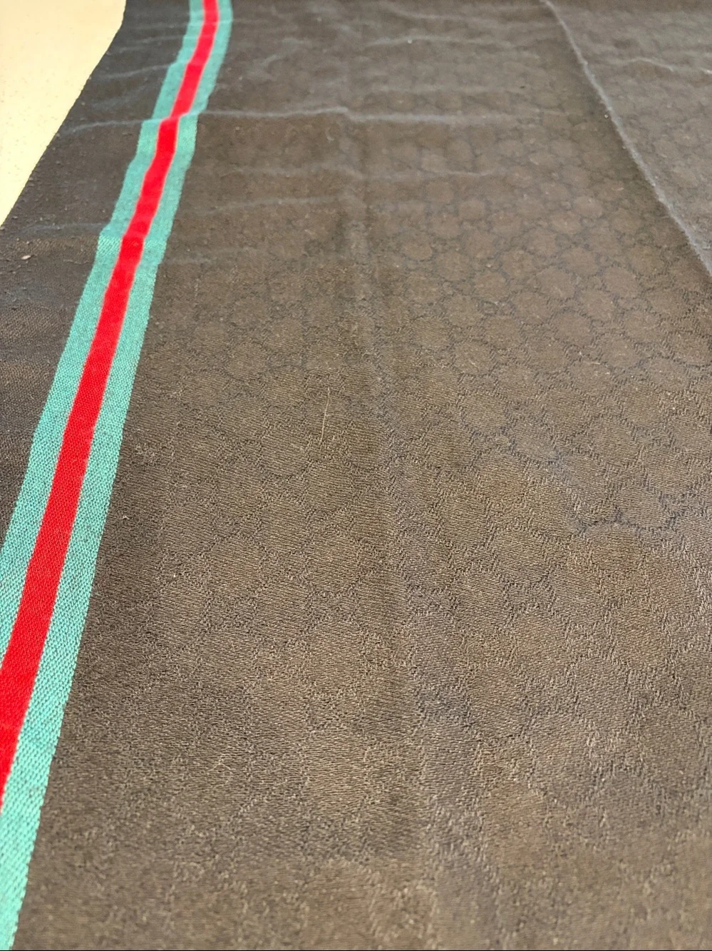 Gucci Black Scarf with Red and green Stripe Detail. Tag missing.